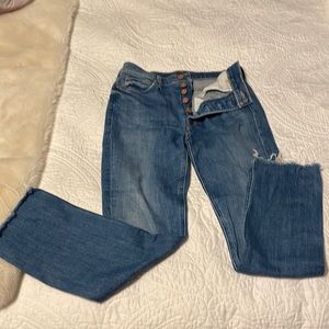 Mother distressed women button fly jeans.  “the pixie dazzler ankle fray”